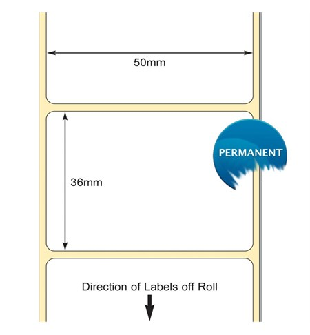 White 50 x 36mm DT Standard Permanent Desktop Blank Label, 38mm core, 127mm OD