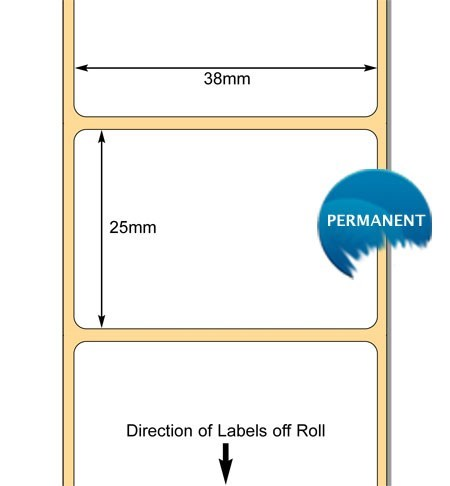 White 38x25mm Top Coated Direct Thermal Labels, Perm (38mm Core / 127mm OD)